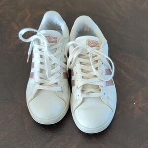 Adidas White Sneakers with Pink Stripes